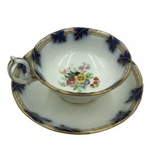 Minton Cobalt Gold Leaves Floral Bouquet Tea Cup & Saucer 1845-1850